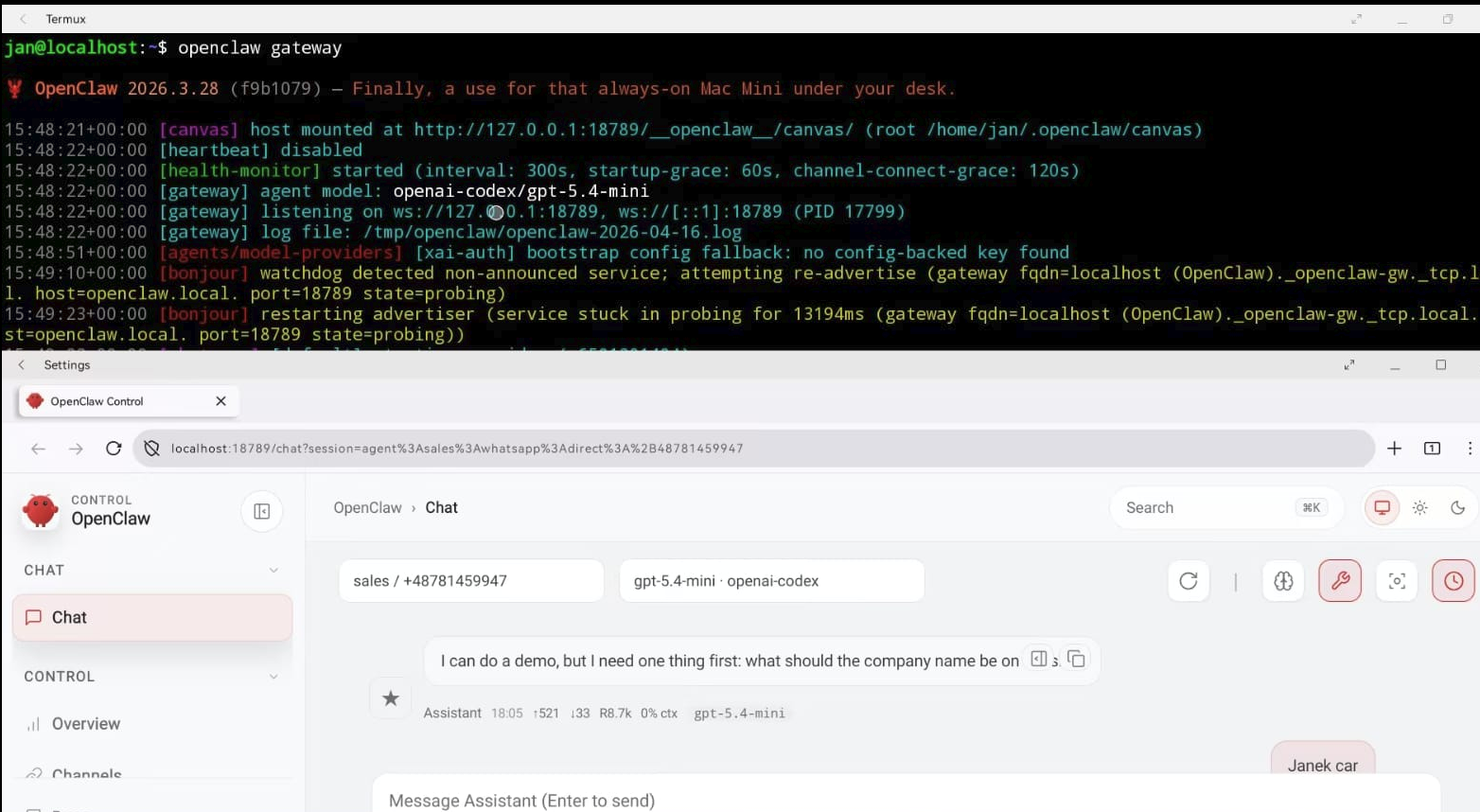 OpenClaw running in Termux on the phone